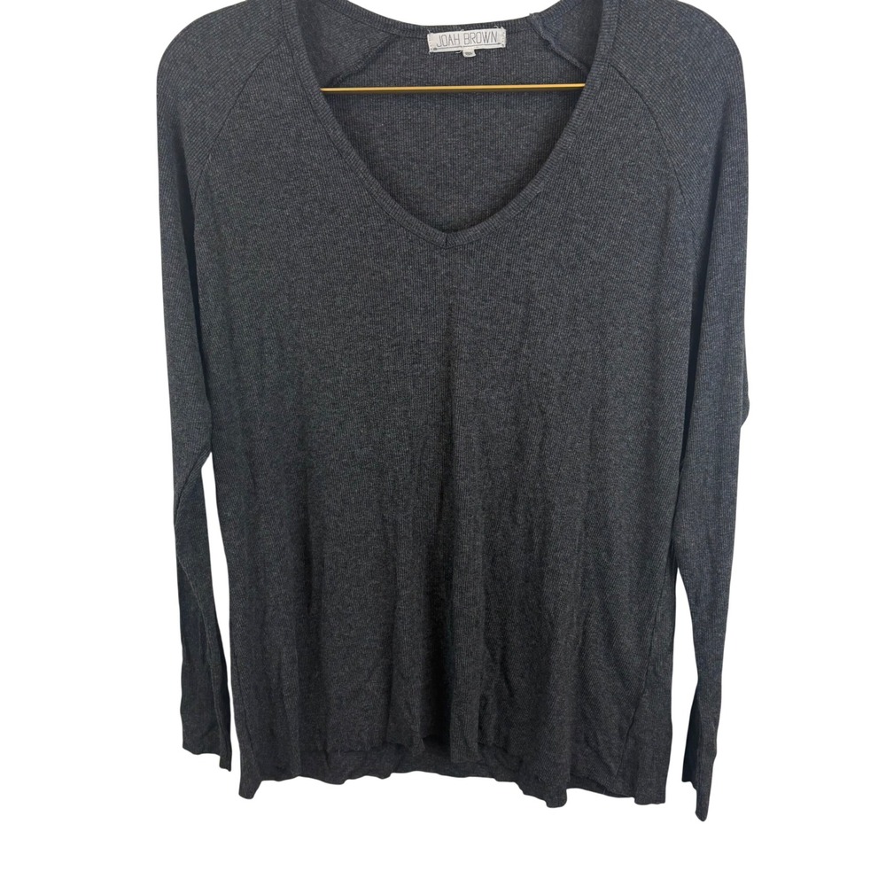 Joah Brown Charcoal Grey Ribbed V-Neck Long Sleeve Top One Size Rayon Comfy